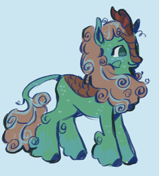 Size: 1800x2000 | Tagged: safe, artist:sharky66, oc, oc only, oc:marina, kirin, blue background, blue hooves, blush scribble, blushing, body freckles, brown mane, brown tail, colored hooves, curly mane, curly tail, fetlock tuft, freckles, green coat, green eyes, hooves, kirin oc, leg fluff, leonine tail, long mane, long tail, no catchlights, no pupils, profile, simple background, smiling, solo, standing, striped mane, striped tail, tail