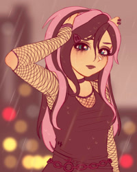 Size: 1280x1600 | Tagged: safe, artist:nikuriii, fluttershy, human, g4, armpits, breasts, bust, cleavage, cute, eared humanization, emo, emoshy, eyeliner, female, fishnet clothing, hand on head, humanized, looking at you, makeup, pony coloring, rain, shyabetes, solo