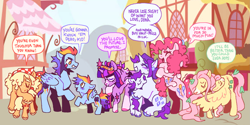 Size: 2153x1080 | Tagged: safe, artist:ponymorph, applejack, fluttershy, pinkie pie, rainbow dash, rarity, twilight sparkle, earth pony, original species, pegasus, pony, ponymorph, unicorn, g4, spoiler:comicidw2020, alternate design, bandana, bipedal, coat markings, comic interpretation, dialogue, element of magic, eyes closed, female, filly, filly applejack, filly fluttershy, filly mane six, filly pinkie pie, filly rainbow dash, filly rarity, filly twilight sparkle, foal, glasses, holding a pony, horn, hug, mane six, mare, scene interpretation, self paradox, self ponidox, socks (coat markings), speech bubble, time paradox, unicorn twilight, unshorn fetlocks, winghug, wings, younger