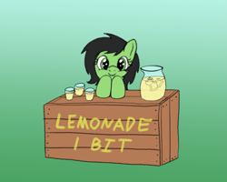 Size: 1333x1066 | Tagged: safe, artist:craftycirclepony, oc, oc only, oc:filly anon, earth pony, cute, drink, drinking glass, female, filly, foal, glass, gradient background, happy, juice, lemonade, lemonade stand, looking at you, pitcher, smiling, solo