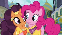 Size: 1280x720 | Tagged: safe, screencap, pinkie pie, saffron masala, earth pony, pony, unicorn, g4, season 6, spice up your life, canterlot, duo, duo female, female, hoof around neck, horn, mare