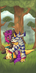 Size: 840x1700 | Tagged: safe, artist:_tinyberri, oc, oc:ella starshade, gabumon, hybrid, quilava, commission, cuddling, digimon, facial markings, fangs, forest background, happy, one eye closed, pokémon, smiling, tongue out, tree, wink