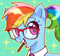 Size: 3704x3492 | Tagged: safe, artist:cattstaycool, rainbow dash, pegasus, pony, g4, adorkable, bust, clothes, cute, dashabetes, dork, egghead dash, female, glasses, grin, high res, mouth hold, necktie, outline, pencil in mouth, ponytail, portrait, smiling, solo