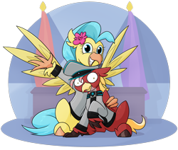 Size: 2070x1753 | Tagged: safe, artist:moonatik, princess skystar, oc, oc:posada, classical hippogriff, hippogriff, equestria at war mod, g4, abstract background, clothes, commission, desk, duo, female, flag, flower, flower in hair, hat, hippogriff oc, hug, peaked cap, sitting, size difference, wings