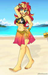 Size: 1600x2500 | Tagged: safe, artist:dibujoschidosdelabad, part of a set, sunset shimmer, human, equestria girls, g4, bare shoulders, barefoot, beach, belly, belly button, bikini, bikini top, bracelet, breasts, busty sunset shimmer, clothes, cloud, commission, commissioner:bkleppe, cutie mark on equestria girl, cutie mark on human, danger, feet, female, geode of empathy, jewelry, magical geodes, midriff, ocean, painted nails, quicksand, sand, sarong, see-through, shadow, sign, signature, sky, smiling, story included, swimsuit, text, water, wide hips