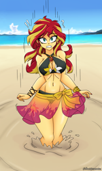 Size: 1800x3000 | Tagged: safe, artist:dibujoschidosdelabad, part of a set, sunset shimmer, human, equestria girls, g4, bare shoulders, beach, belly, belly button, bikini, bikini top, bracelet, breasts, busty sunset shimmer, clothes, cloud, commission, commissioner:bkleppe, cutie mark on equestria girl, cutie mark on human, exclamation point, female, fetish, geode of empathy, jewelry, magical geodes, midriff, movement, ocean, painted nails, peril, question mark, quicksand, sand, sarong, see-through, shocked, signature, sinking, sky, story included, stuck, surprised, swimsuit, text, water