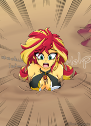 Size: 2100x2900 | Tagged: safe, artist:dibujoschidosdelabad, part of a set, sunset shimmer, human, equestria girls, g4, bare shoulders, beach, bikini, bikini top, breasts, busty sunset shimmer, calling, clothes, commission, commissioner:bkleppe, crying, dialogue, discarded clothing, fetish, geode of empathy, magical geodes, open mouth, peril, quicksand, sand, sarong, signature, sinking, story included, struggling, stuck, swimsuit, text