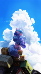 Size: 4500x8000 | Tagged: safe, artist:flvski, izzy moonbow, pony, unicorn, g5, absurd resolution, cloud, female, film grain, gradient mane, gradient tail, horn, looking at you, looking back, looking back at you, mare, scenery, signature, sitting, sky, smiling, smiling at you, solo, suitcase, tail