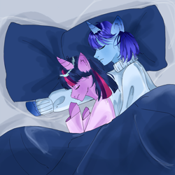 Size: 3600x3600 | Tagged: artist needed, source needed, safe, twilight sparkle, oc, oc:blue thunder, alicorn, pony, semi-anthro, g4, ambiguous facial structure, bed, canon x oc, clothes, cuddling, duo, duo male and female, female, happy, in bed, male, shipping, snuggling, straight, thundersparkle, twilight sparkle (alicorn)