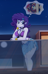 Size: 2200x3400 | Tagged: safe, artist:dibujoschidosdelabad, part of a set, rarity, sunset shimmer, human, equestria girls, g4, apartment, balcony, bikini, bikini top, bracelet, breasts, busty rarity, clothes, commission, commissioner:bkleppe, cutie mark on equestria girl, cutie mark on human, dive mask, ear piercing, earring, geode of shielding, glass, goggles, hand on cheek, jewelry, magical geodes, moon, night, piercing, rarity's beach shorts swimsuit, rarity's blue sarong, sarong, signature, snorkel, stupid sexy sunset shimmer, swimsuit, text, thought bubble, unaware, worried