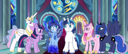 Size: 3817x1633 | Tagged: artist needed, source needed, safe, princess cadance, princess celestia, princess luna, shining armor, twilight sparkle, oc, oc:blue thunder, alicorn, pony, g4, physique difference, royal family, royalty, slender, thin, throne room, twilight sparkle (alicorn)