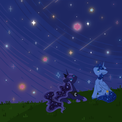 Size: 2480x2480 | Tagged: artist needed, source needed, safe, princess luna, oc, oc:blue thunder, alicorn, g4, duo, duo male and female, female, galaxy, grass, grass field, male, sky, stargazing, stars