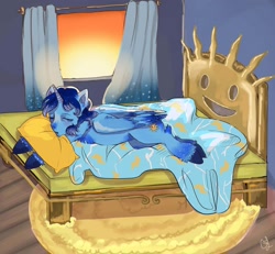 Size: 1600x1476 | Tagged: source needed, safe, artist:ichi, oc, oc only, oc:blue thunder, alicorn, bed, curtains, in bed, sleeping, solo, window