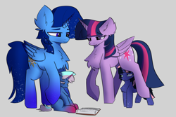 Size: 6000x4000 | Tagged: artist needed, source needed, safe, twilight sparkle, oc, oc:arilight, oc:blue thunder, oc:thunderbolt, alicorn, pony, g4, baby, baby pony, book, canon x oc, family, female, foal, gray background, male, offspring, parent:oc:blue thunder, parent:twilight sparkle, parents:canon x oc, shipping, simple background, straight, thundersparkle, twilight sparkle (alicorn)