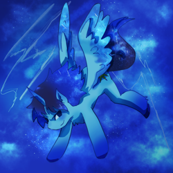 Size: 2048x2048 | Tagged: artist needed, source needed, safe, oc, oc only, oc:blue thunder, alicorn, pony, ethereal mane, flying, galaxy, galaxy mane, solo