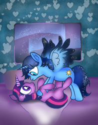 Size: 1100x1400 | Tagged: artist needed, source needed, safe, twilight sparkle, oc, oc:blue thunder, alicorn, pony, unicorn, g4, bedroom ponies, duo, duo male and female, female, happy, horn, lying down, male, on back, pinning down, unicorn twilight