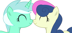 Size: 3185x1479 | Tagged: safe, artist:stephen-fisher, bon bon, lyra heartstrings, sweetie drops, earth pony, unicorn, g4, boop, duo, duo female, eyes closed, female, horn, lesbian, noseboop, ship:lyrabon, shipping, simple background, smiling, transparent background