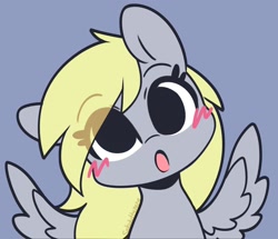 Size: 2324x1995 | Tagged: safe, artist:sakukitty, derpy hooves, pegasus, pony, g4, :o, blue background, blush scribble, blushing, cute, derpabetes, eye clipping through hair, eyes open, female, mare, open mouth, simple background, solo, spread wings, wings