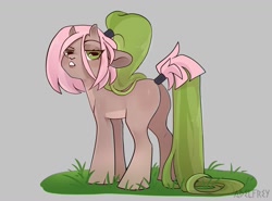 Size: 1968x1458 | Tagged: source needed, useless source url, safe, artist:adelfrey, oc, oc only, earth pony, goat, goat pony, pony, butt, female, horizontal pupils, horns, long tail, plot, pony oc, ponytail, rear view, solo, tail, tail wrap