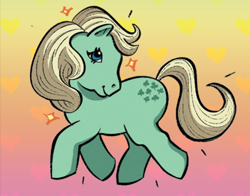 Size: 640x503 | Tagged: safe, idw, minty (g1), earth pony, pony, g1, my little pony 40th anniversary special, spoiler:comic, 40th anniversary, cute, female, g1 mintabetes, gradient background, heart, mare, solo, sparkles