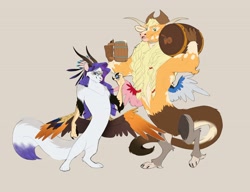 Size: 4096x3151 | Tagged: safe, artist:chub-wub, part of a set, applejack, rarity, draconequus, g4, applejack's hat, applejacked, barrel, braid, braided pigtails, brown background, brown fur, carrying, cat tail, cider, cider mug, coat markings, colored claws, colored ears, colored eyebrows, colored horns, colored legs, colored paw pads, colored paws, colored pinnae, colored pupils, colored tail, colored tailtip, colored wings, colored wingtips, cowboy hat, draconequified, duo, duo female, facial markings, feline, female, floppy ears, freckles, green eyes, green pupils, hat, height difference, holding, horns, leg fluff, leg markings, leonine tail, long hair, long horns, mismatched wings, mug, multicolored wings, muscles, open mouth, open smile, orange fur, paws, physique difference, pigtails, purple hair, raised arm, raised leg, ringlets, shadow, shiny hair, shoulder fluff, simple background, small wings, smiling, snip (coat marking), species swap, spread wings, stetson, tail, tied hair, white fur, wings, yellow hair