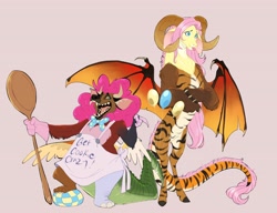 Size: 4096x3151 | Tagged: safe, artist:chub-wub, part of a set, fluttershy, pinkie pie, draconequus, g4, :p, apron, arm fluff, ball, balloon, big ears, blue eyes, bowtie, brown hooves, chest fluff, claws, clothes, coat markings, colored, colored claws, colored ear fluff, colored hooves, colored horns, colored legs, colored paw pads, colored pinnae, colored sclera, colored wings, curly hair, draconequified, duo, duo female, ear fluff, ear tufts, eyelashes, facial markings, female, flat colors, floppy ears, flutterequus, gradient horns, height difference, holding, hooves, horns, leg stripes, legs, leonine tail, long ears, long hair, mismatched legs, mismatched wings, multicolored fur, multicolored tail, multicolored wings, necktie, open mouth, open smile, oven mitts, physique difference, pink hair, pinkonequus, raised arms, ram horns, shadow, sharp teeth, shiny hair, shiny tail, shoulder fluff, simple background, size difference, slender, smiling, snip (coat marking), species swap, spoon, spread wings, standing, striped, stripes, tail, teeth, thin, tongue out, wing claws, wings, wings down, wooden spoon, xk-class end-of-the-world scenario, yellow sclera