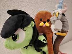 Size: 2400x1800 | Tagged: safe, discord, oc, oc:filly anon, earth pony, g4, female, filly, gondola (meme), irl, photo, picture, plushie, trio