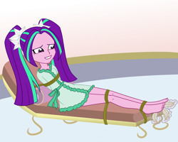 Size: 2500x2000 | Tagged: safe, artist:nie-martw-sie-o-mnie, part of a set, aria blaze, human, equestria girls, g4, bathrobe, bondage, clothes, feather, feet, female, foot tickling, pigtails, robe, rope, rope bondage, solo, spa, tickling, tied down, twintails