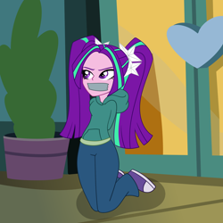 Size: 2000x2000 | Tagged: safe, artist:nie-martw-sie-o-mnie, part of a set, aria blaze, human, equestria girls, g4, arm behind back, clothes, converse, denim, female, gag, hands behind back, hoodie, jeans, kneeling, pants, pigtails, shoes, solo, tape, tape gag, twintails