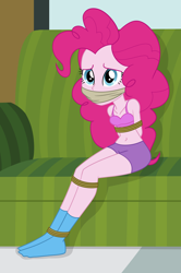 Size: 2000x3004 | Tagged: safe, artist:nie-martw-sie-o-mnie, part of a set, pinkie pie, human, equestria girls, g4, belly, belly button, bondage, bound and gagged, boyshorts, bra, cloth gag, clothes, couch, feet, gag, looking at you, panties, rope, rope bondage, sitting, socks, solo, stocking feet, tied up, underwear