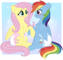 Size: 1958x1854 | Tagged: safe, artist:cotapesa, fluttershy, rainbow dash, pegasus, pony, g4, blushing, chest fluff, diaper, diaper fetish, duo, duo female, female, fetish, gradient background, holding hooves, hoof fluff, implied lesbian, looking at each other, looking at someone, mare, non-baby in diaper, pacifier, passepartout, sitting, sparkles, spread wings, wings