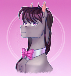 Size: 2000x2150 | Tagged: safe, artist:equeslibrium, octavia melody, earth pony, pony, g4, bowtie, bust, colored eyebrows, colored pinnae, eye clipping through hair, eyebrows, eyebrows visible through hair, female, fluffy, frown, gradient background, high res, looking at you, looking up, looking up at you, mare, narrowed eyes, octavia is not amused, octavia's bowtie, outline, passepartout, signature, solo, unamused