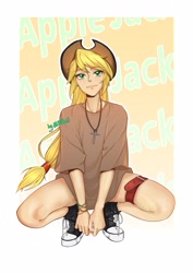 Size: 2894x4093 | Tagged: safe, artist:lingyaoqiuyuegaona, applejack, human, g4, commando, eye clipping through hair, eyebrows, eyebrows visible through hair, humanized, jewelry, light skin, looking at you, necklace, signature, solo, squatting