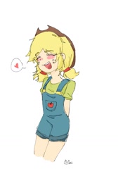 Size: 1327x1979 | Tagged: safe, artist:kunkun32178956, applejack, human, g4, clothes, cute, eyes closed, female, humanized, jackabetes, open mouth, open smile, overalls, pigtails, simple background, smiling, solo, white background, younger