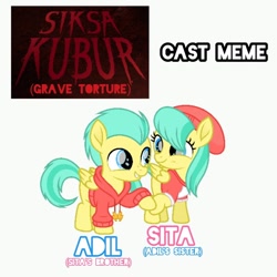 Size: 1048x1046 | Tagged: safe, artist:starryshineviolet, barley barrel, pickle barrel, pegasus, pony, g4, barrel twins, beret, brother and sister, cast meme, clothes, colt, cute, duo, duo male and female, female, filly, foal, hat, hoodie, hoofbump, indonesian, male, shirt, siblings, simple background, t-shirt, twins, white background