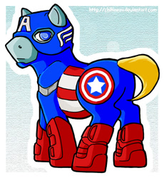 Size: 551x600 | Tagged: dead source, safe, artist:clueless-nu, earth pony, pony, boots, captain america, clothes, costume, male, marvel, ponified, shoes, signature, solo, stallion, tail