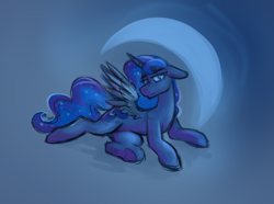 Size: 1962x1462 | Tagged: safe, artist:anon_1515, princess luna, alicorn, pony, g4, crescent moon, eyebrows, female, floppy ears, gradient background, looking at you, lying down, monochrome, moon, sketch, solo, spread wings, underhoof, wings