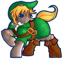 Size: 600x567 | Tagged: safe, artist:clueless-nu, earth pony, pony, 2013, boots, clothes, commission, hat, link, male, ponified, raised hoof, shoes, simple background, solo, tail, the legend of zelda, traditional art, tunic, white background