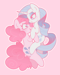 Size: 1200x1500 | Tagged: safe, artist:vivian reed, pinkie pie, rarity, earth pony, pony, unicorn, g4, cuddling, cute, diapinkes, female, horn, lesbian, lidded eyes, looking at each other, looking at someone, mare, open mouth, open smile, pastel, pink background, raribetes, ship:raripie, shipping, simple background, smiling, smiling at each other