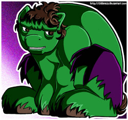 Size: 600x562 | Tagged: safe, artist:clueless-nu, earth pony, pony, 2012, big pony, clothes, male, marvel, ponified, shorts, signature, sitting, solo, stallion, tail, the incredible hulk, torn clothes, unshorn fetlocks