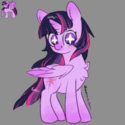 Size: 4096x4096 | Tagged: safe, artist:metaruscarlet, twilight sparkle, alicorn, pony, g4, chest fluff, folded wings, gray background, horn, lighter coat, looking at you, redraw, simple background, solo, starry eyes, twilight sparkle (alicorn), wingding eyes, wings