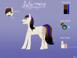 Size: 1032x774 | Tagged: safe, artist:daringtiger, oc, oc only, oc:determone, earth pony, pony, brown mane, cream fur, fangs, female, filly, foal, gradient background, green eyes, hair stripe, markings, reference, reference sheet, side view, signature, smiling, solo, white fur