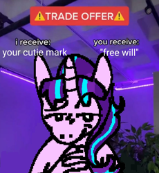 Size: 1888x2048 | Tagged: dead source, safe, artist:dilettantedoodle, starlight glimmer, pony, unicorn, g4, cutie mark theft, eyebrows, female, fingers interlocked, horn, looking at you, mare, meme, pixel-crisp art, ponified meme, raised eyebrow, s5 starlight, smiling, smiling at you, solo, suddenly hands, trade offer