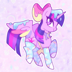 Size: 1600x1600 | Tagged: safe, artist:vivian reed, part of a set, twilight sparkle, alicorn, pony, g4, abstract background, bow, choker, chokertwi, clothes, colored wings, cute, fairy kei, female, food, frosting, hair bow, mare, multicolored wings, no pupils, patterned background, smiling, socks, solo, spread wings, standing on two hooves, twiabetes, twilight sparkle (alicorn), wings