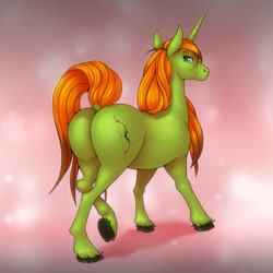 Size: 3000x3000 | Tagged: safe, alternate version, artist:st. oni, oc, oc only, oc:arc pyre, pony, unicorn, abstract background, butt, dock, featureless crotch, horn, looking at you, looking back, male, raised hoof, shadow, smiling, solo, stallion, tail, tail aside, underhoof, unshorn fetlocks