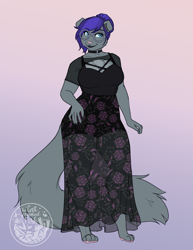 Size: 2550x3300 | Tagged: safe, alternate version, artist:askbubblelee, oc, oc only, oc:melissa pitterpaw, abyssinian, anthro, digitigrade anthro, abyssinian oc, anthro oc, breasts, choker, clothes, dress, female, floppy ears, glasses, gradient background, hair bun, smiling, solo