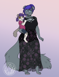 Size: 2550x3300 | Tagged: safe, alternate version, artist:askbubblelee, oc, oc only, oc:melissa pitterpaw, oc:penny pitterpaw, abyssinian, diamond dog, hybrid, anthro, digitigrade anthro, abyssinian oc, anthro oc, breasts, choker, clothes, diamond dog oc, dress, duo, female, floppy ears, glasses, gradient background, hair bun, hybrid oc, mother and child, mother and daughter, smiling