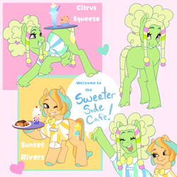 Size: 2048x2048 | Tagged: safe, artist:aztrial, oc, oc only, oc:citrus squeeze, oc:sunset rivers, earth pony, pony, afro puffs, blueberry muffin (food), bowtie, brown eyes, colored hooves, double chin, dreadlocks, drink, duo, duo female, earth pony oc, eyes closed, female, food, grin, hair beads, heart, hooves, mare, milkshake, muffin, name tag, necktie, one eye closed, pancakes, passepartout, pink background, pink eyes, platter, simple background, smiling, unshorn fetlocks, waitress, wink