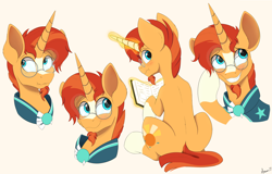 Size: 3640x2330 | Tagged: safe, artist:arcane-thunder, sunburst, pony, unicorn, g4, blaze (coat marking), blushing, book, cloak, clothes, coat markings, cute, facial markings, glasses, horn, looking back, looking sideways, magic, magic aura, male, nervous, nervous smile, simple background, sitting, smiling, socks (coat markings), solo, stallion, sunburst's cloak, telekinesis