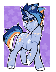 Size: 2896x3725 | Tagged: safe, artist:iesbeans, oc, oc only, oc:starburst, pony, unicorn, g4, artfight, back fluff, blue coat, body fluff, body scar, broken horn, coat markings, colored eyebrows, colored hooves, cracked hooves, eyelashes, facial markings, facial scar, frown, gift art, hooves, horn, leg markings, leg scar, mohawk, multicolored mane, multicolored tail, narrowed eyes, neck scar, nonbinary, nonbinary oc, offspring, orange eyes, parent:flash sentry, parent:twilight sparkle, parents:flashlight, passepartout, raised hoof, scar, solo, standing on three hooves, tail, thick eyebrows, unicorn oc, white hooves